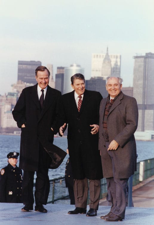 U.S. presidents Ronald Reagan and George HW Bush with Mikhail Gorbachev in NYC
