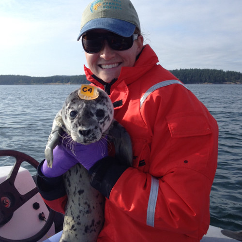 Christine on a boat in the ocean holding a seal pup and smiling at the camera.