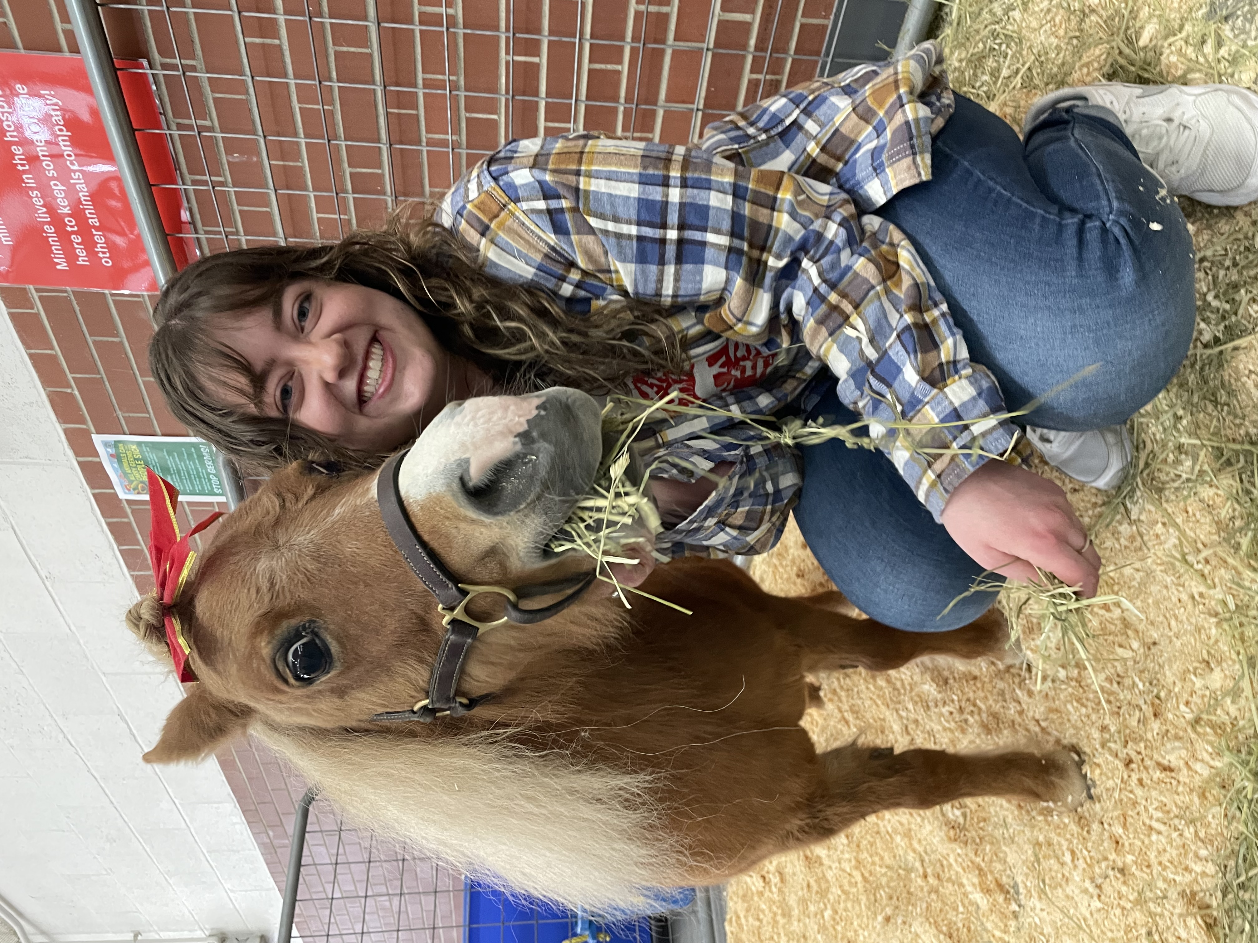 Anna is squatting down next to a mini horse and smiling at the camera.
