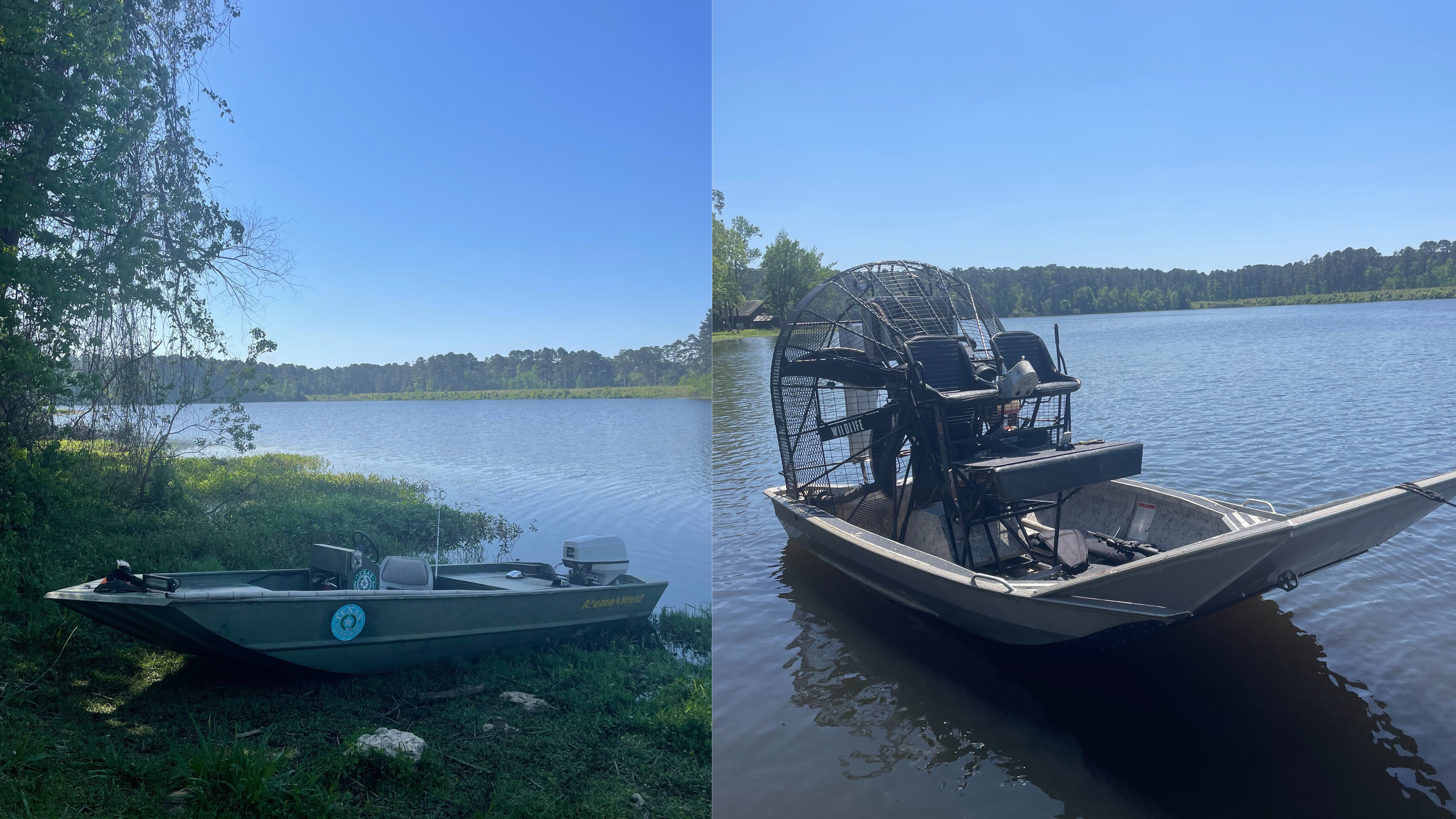 A boat sitting on the grassy shore with a body of water in the background (left). A boat equipped with a large fan at the rear of the boat, floating on the water (right).