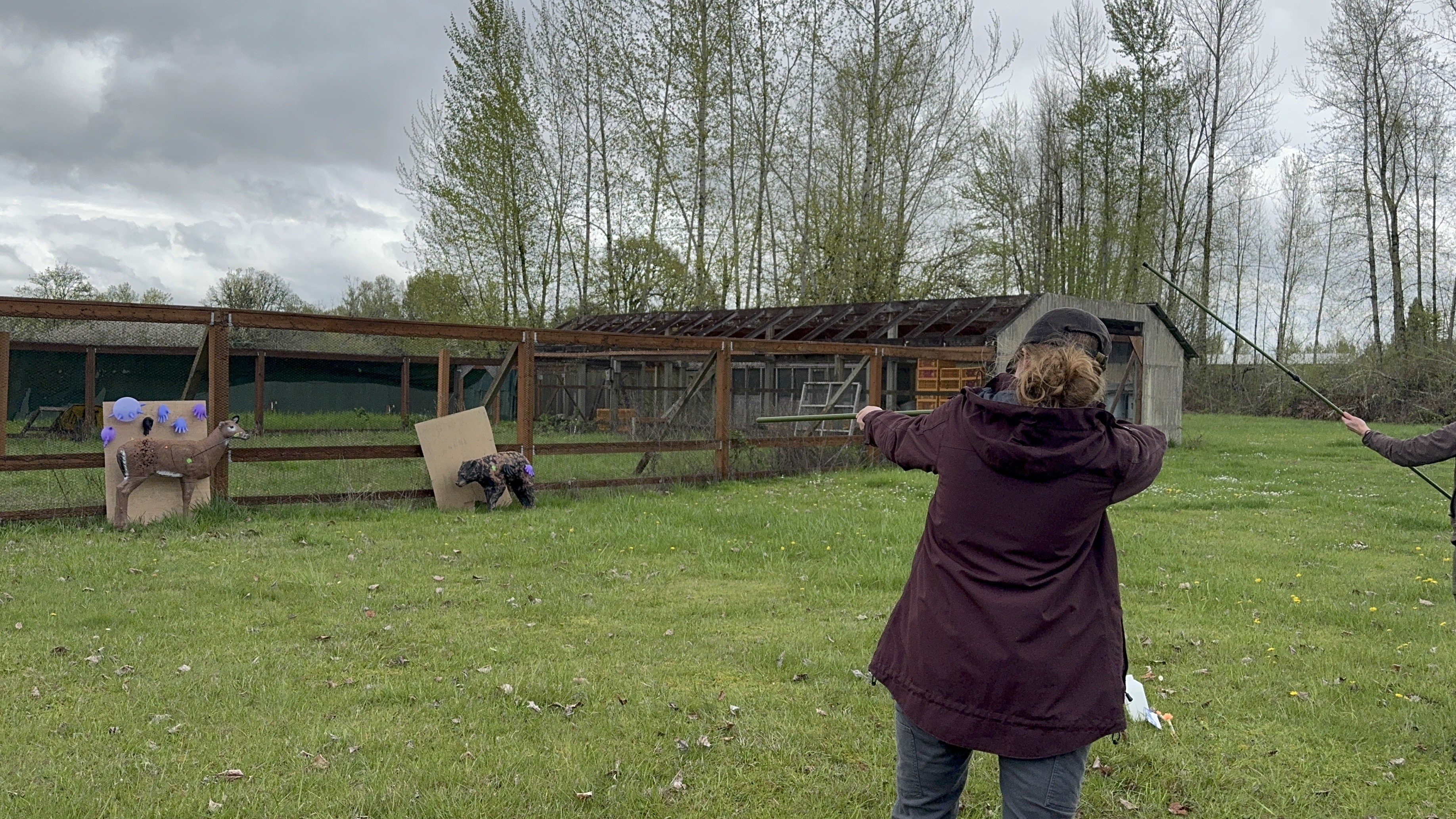 Amanda is holding a dart gun outside and shooting a target that looks like a deer.