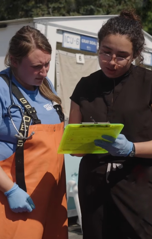 Natalia and a veterinarian look at a clipboard.