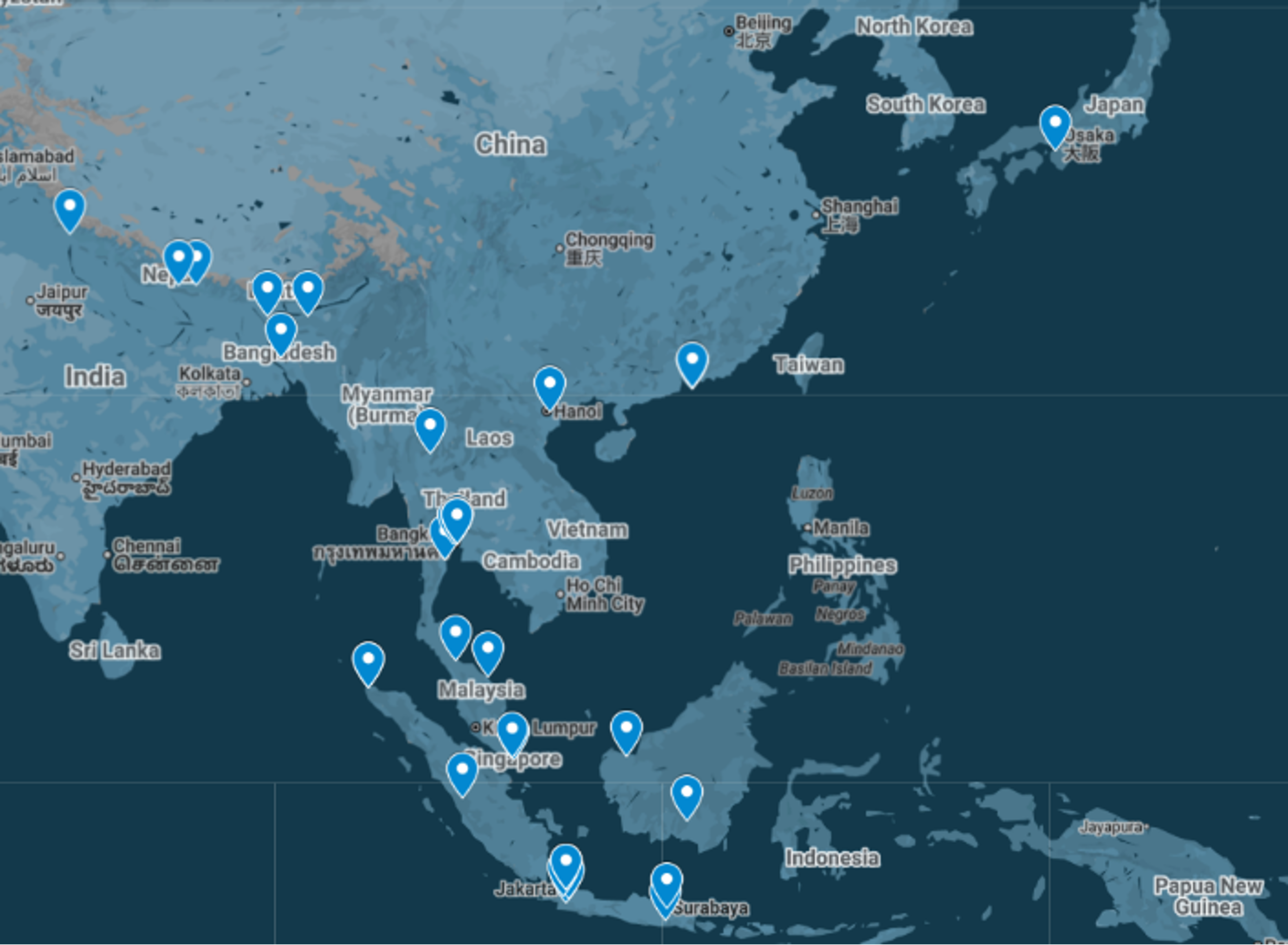 Map of China, Thailand and Indonesia.