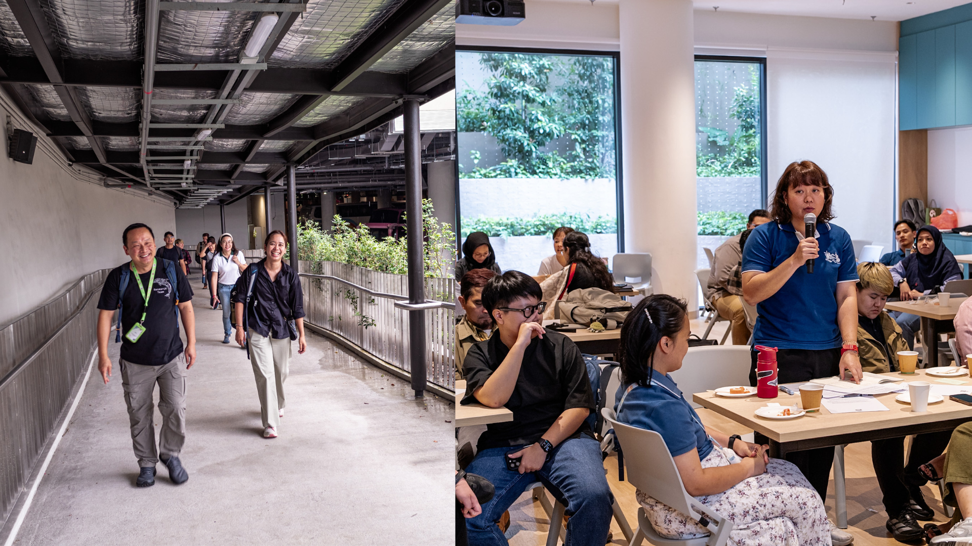 Left: Participants walking at the Mandai Singapore Zoo. Right: Attendee standing with a microphone while people look on.