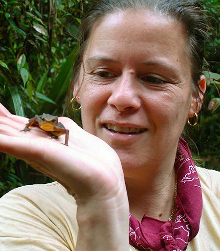 Cornell's Dr. Kelly Zamudio shown holding a small frog in her hand