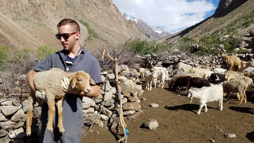 Daniel Foley with sheep in the Pamirs by Helen Lee.