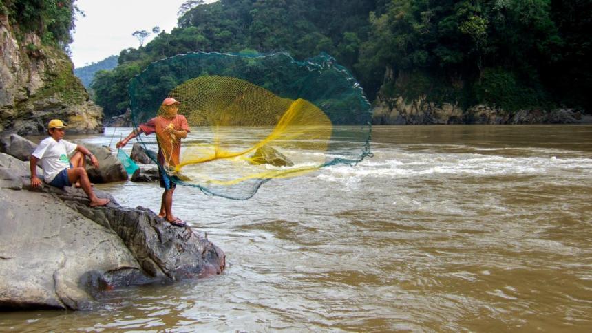 Fishermen cast their nets in the Amazon River